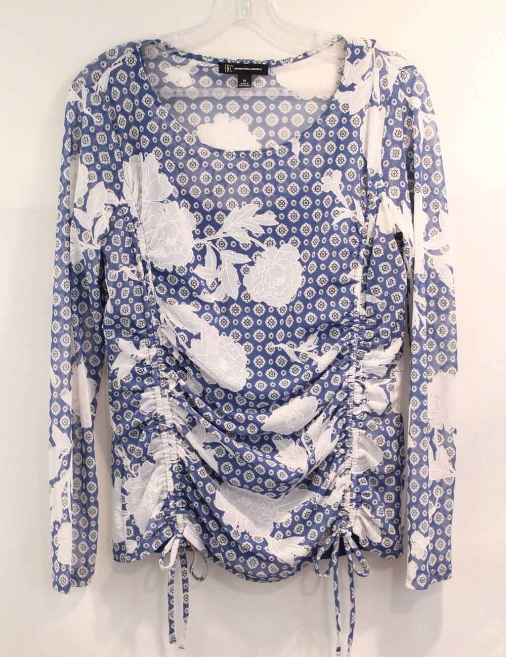 INC Semi Sheer Top Womens size M Blue White Floral Cami Lined Ruched Sides